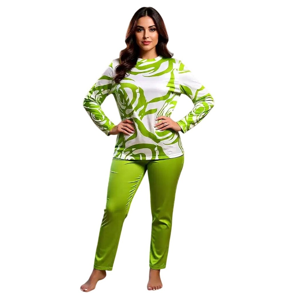 Lime Green White Abstract Floral Tunic and LeggingsOutfit Set 2PC Women Lg
